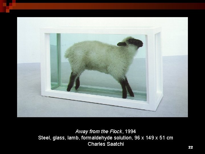Away from the Flock, 1994 Steel, glass, lamb, formaldehyde solution, 96 x 149 x