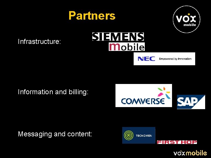 Partners Infrastructure: Information and billing: Messaging and content: 