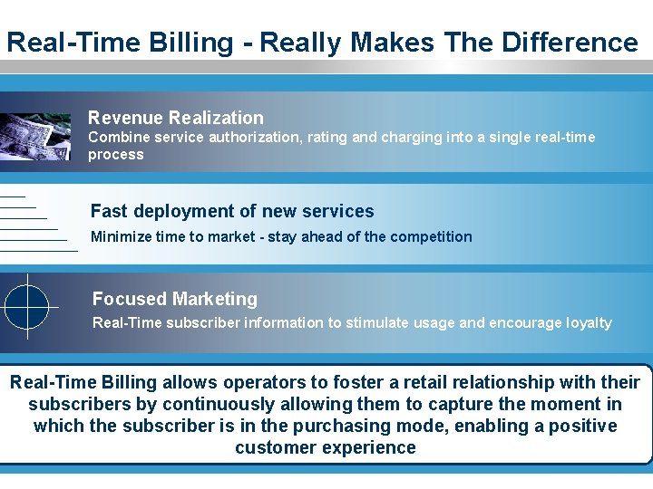 Real-Time Billing - Really Makes The Difference Revenue Realization Combine service authorization, rating and