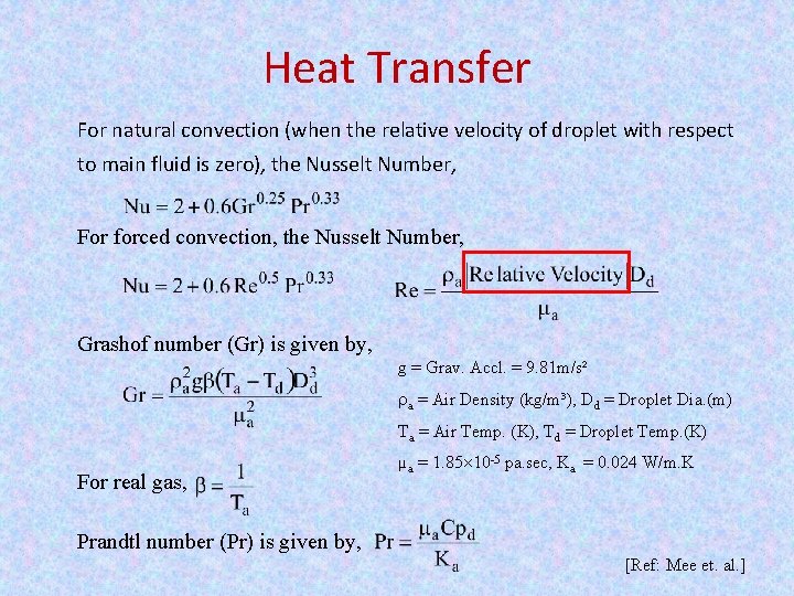 Heat Transfer For natural convection (when the relative velocity of droplet with respect to