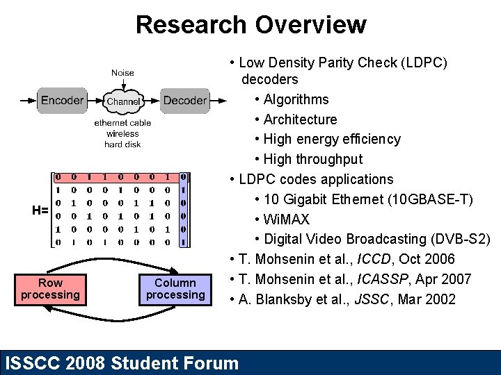 Research Overview H= Row processing Column processing • Low Density Parity Check (LDPC) decoders