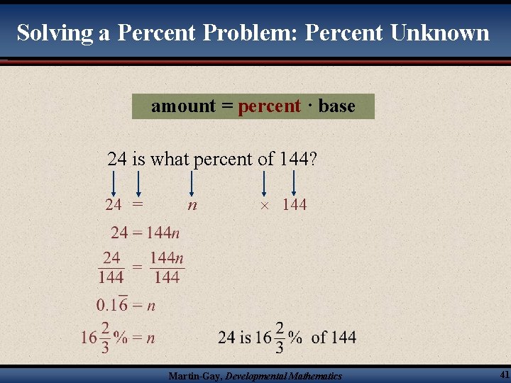 Solving a Percent Problem: Percent Unknown amount = percent · base 24 is what