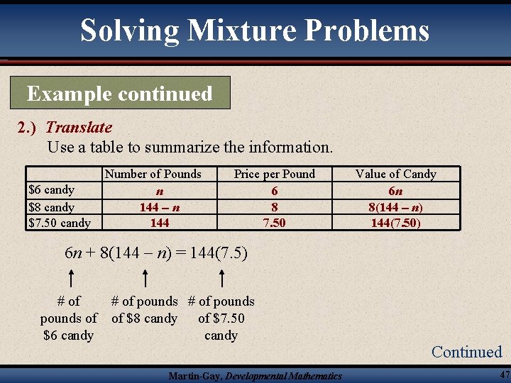 Solving Mixture Problems Example continued 2. ) Translate Use a table to summarize the