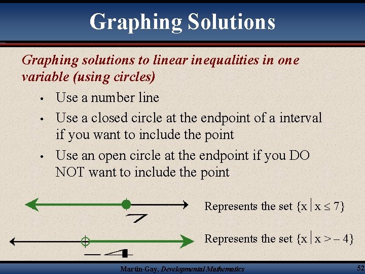 Graphing Solutions Graphing solutions to linear inequalities in one variable (using circles) • Use
