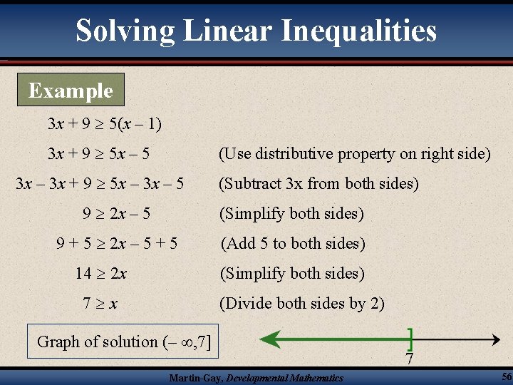Solving Linear Inequalities Example 3 x + 9 5(x – 1) 3 x +