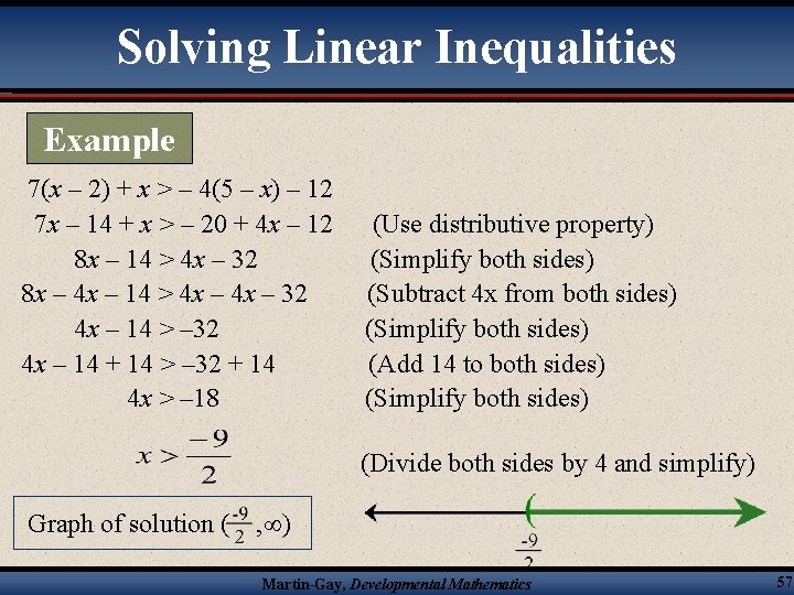 Solving Linear Inequalities Example 7(x – 2) + x > – 4(5 – x)