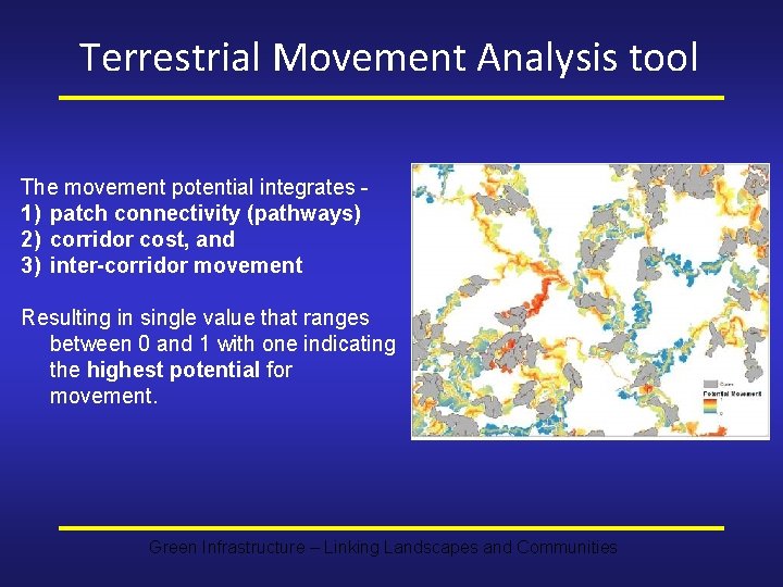 Terrestrial Movement Analysis tool The movement potential integrates 1) patch connectivity (pathways) 2) corridor