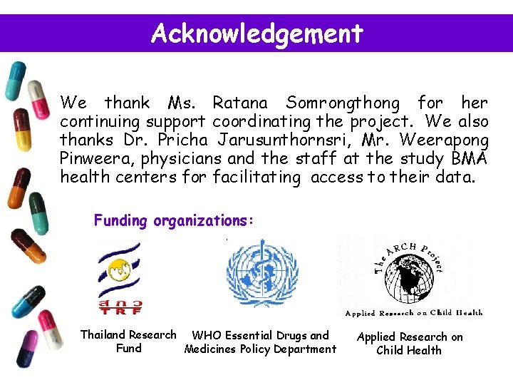 Acknowledgement We thank Ms. Ratana Somrongthong for her continuing support coordinating the project. We