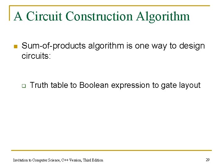 A Circuit Construction Algorithm n Sum-of-products algorithm is one way to design circuits: q