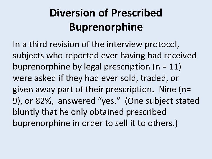 Diversion of Prescribed Buprenorphine In a third revision of the interview protocol, subjects who