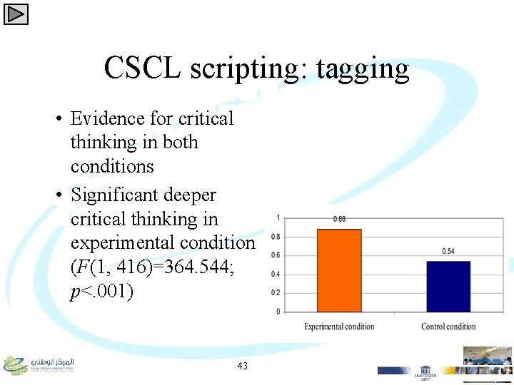 CSCL scripting: tagging • Evidence for critical thinking in both conditions • Significant deeper