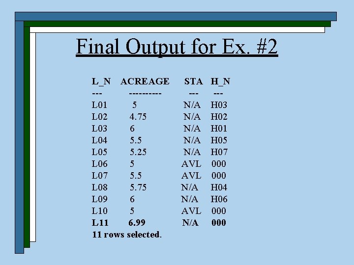 Final Output for Ex. #2 L_N ACREAGE STA H_N ----- --- --L 01 5