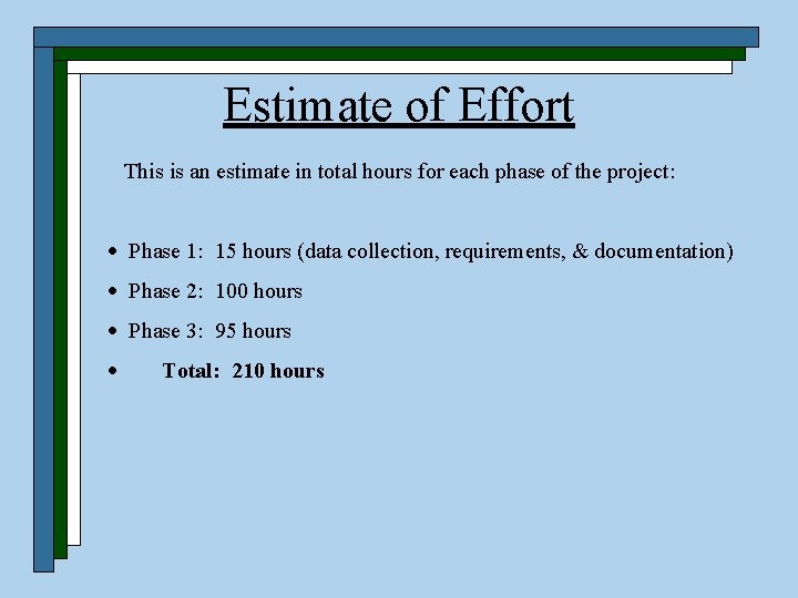 Estimate of Effort This is an estimate in total hours for each phase of