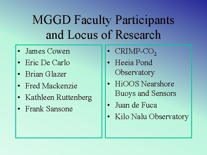 MGGD Faculty Participants and Locus of Research • • • James Cowen Eric De