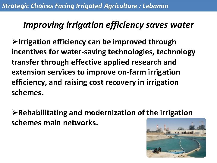 Strategic Choices Facing Irrigated Agriculture : Lebanon Improving irrigation efficiency saves water ØIrrigation efficiency