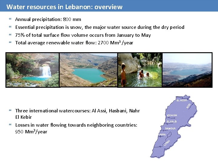 Water resources in Lebanon: overview Annual precipitation: 800 mm Essential precipitation is snow, the