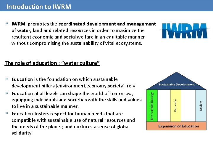 Introduction to IWRM promotes the coordinated development and management of water, land related resources