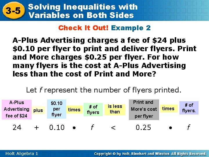 Inequalities with 3 -5 Solving Variables on Both Sides Check It Out! Example 2