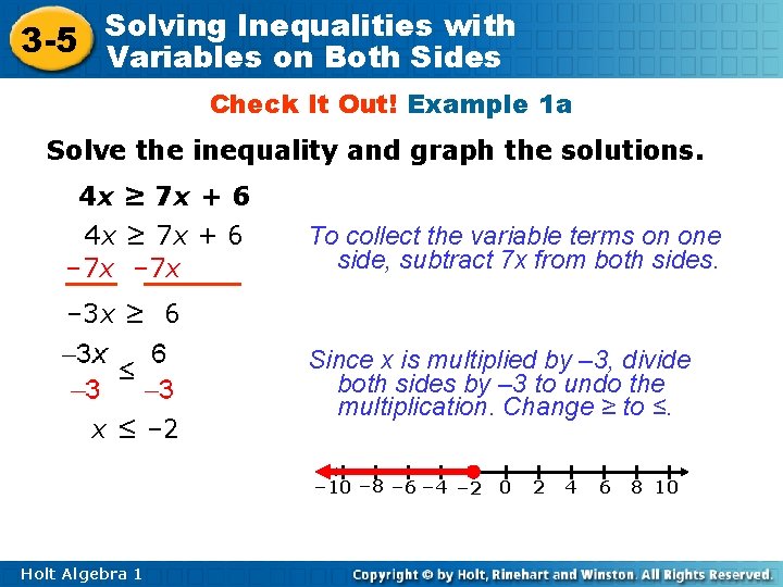 Inequalities with 3 -5 Solving Variables on Both Sides Check It Out! Example 1