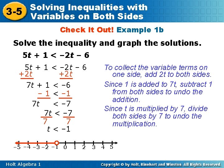 Inequalities with 3 -5 Solving Variables on Both Sides Check It Out! Example 1
