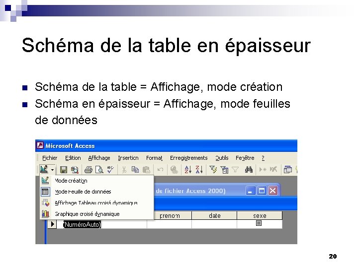 Schéma de la table en épaisseur n n Schéma de la table = Affichage,