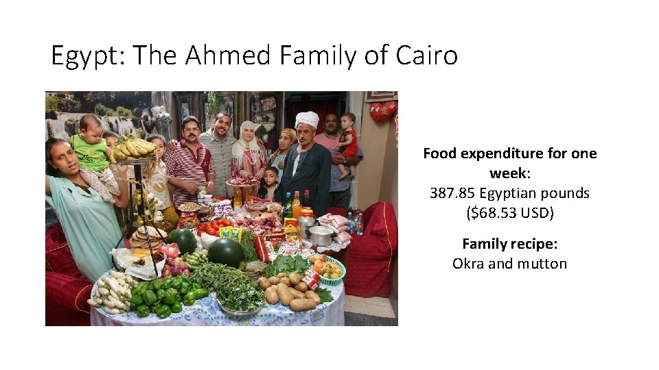 Egypt: The Ahmed Family of Cairo Food expenditure for one week: 387. 85 Egyptian