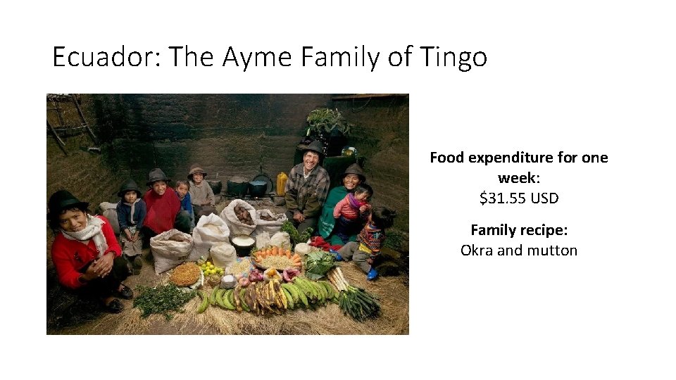 Ecuador: The Ayme Family of Tingo Food expenditure for one week: $31. 55 USD