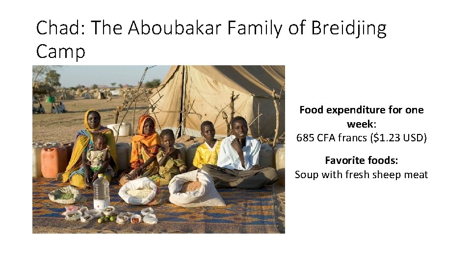 Chad: The Aboubakar Family of Breidjing Camp Food expenditure for one week: 685 CFA