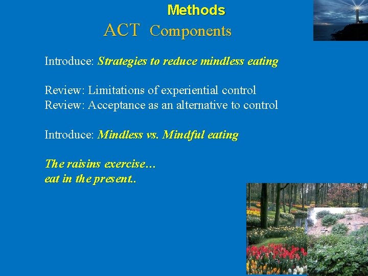 Methods ACT Components Introduce: Strategies to reduce mindless eating Review: Limitations of experiential control