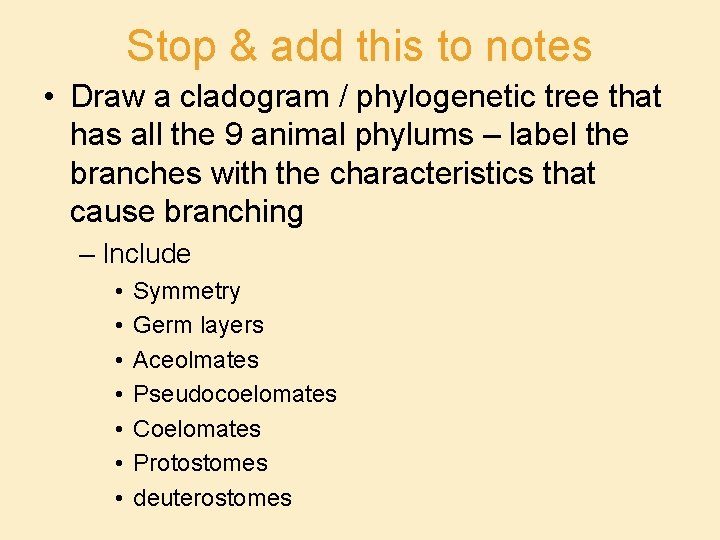 Stop & add this to notes • Draw a cladogram / phylogenetic tree that
