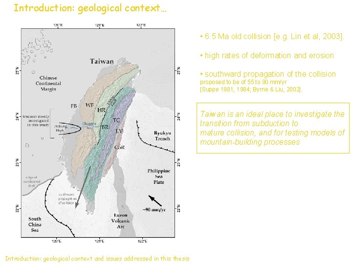 Introduction: geological context… • 6. 5 Ma old collision [e. g. Lin et al,
