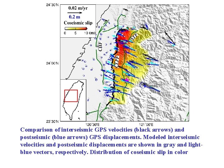 Comparison of interseismic GPS velocities (black arrows) and postseismic (blue arrows) GPS displacements. Modeled