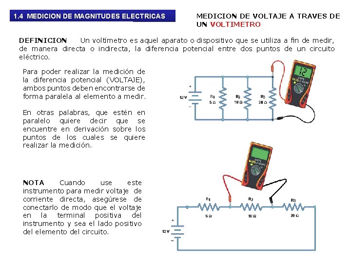 1. 4 MEDICION DE MAGNITUDES ELECTRICAS MEDICION DE VOLTAJE A TRAVES DE UN VOLTIMETRO