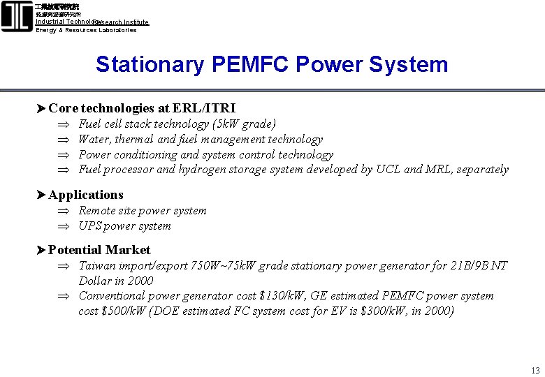  業技術研究院 能源與資源研究所 Industrial Technology Research Institute Energy & Resources Laboratories Stationary PEMFC Power