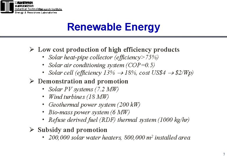  業技術研究院 能源與資源研究所 Industrial Technology Research Institute Energy & Resources Laboratories Renewable Energy Ø