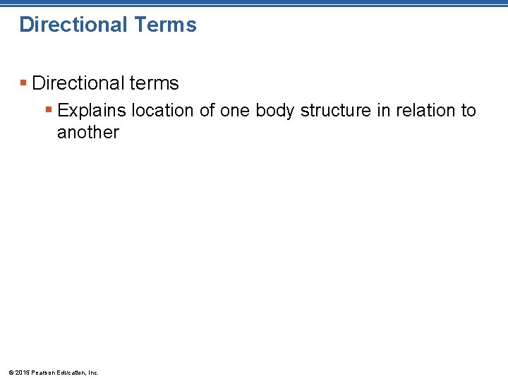 Directional Terms § Directional terms § Explains location of one body structure in relation