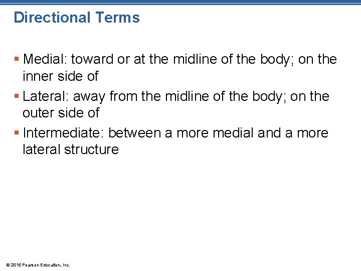 Directional Terms § Medial: toward or at the midline of the body; on the Directional Terms § Medial: toward or at the midline of the body; on the