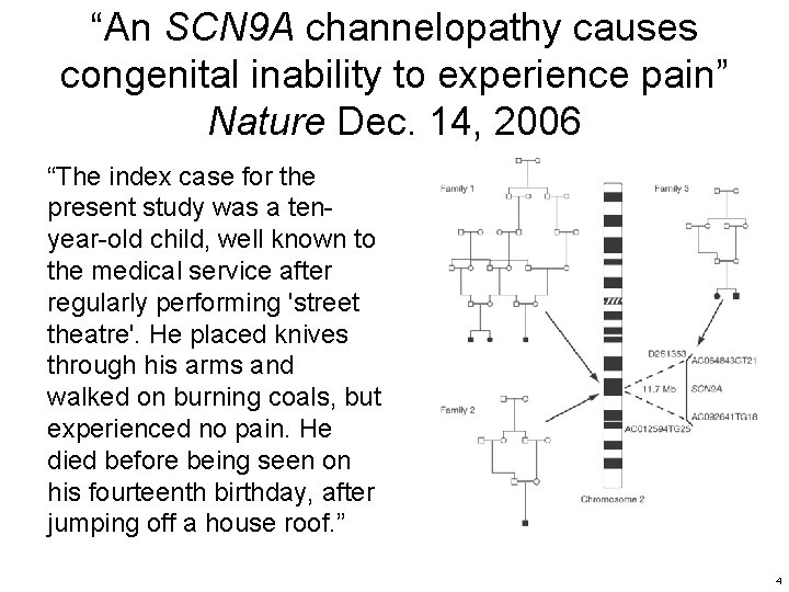“An SCN 9 A channelopathy causes congenital inability to experience pain” Nature Dec. 14,