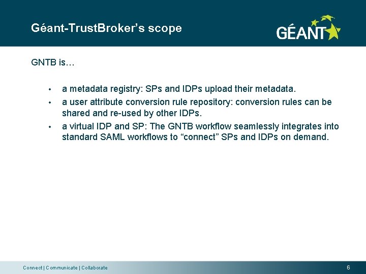 Géant-Trust. Broker’s scope GNTB is… • • • a metadata registry: SPs and IDPs