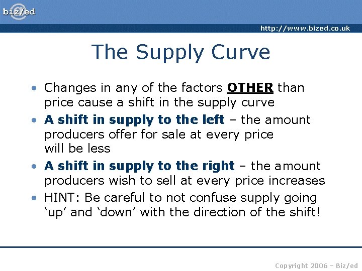 http: //www. bized. co. uk The Supply Curve • Changes in any of the