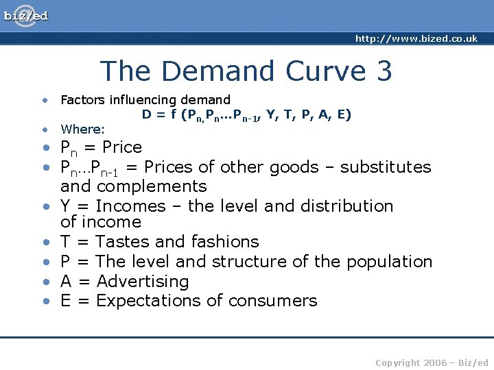 http: //www. bized. co. uk The Demand Curve 3 • Factors influencing demand D