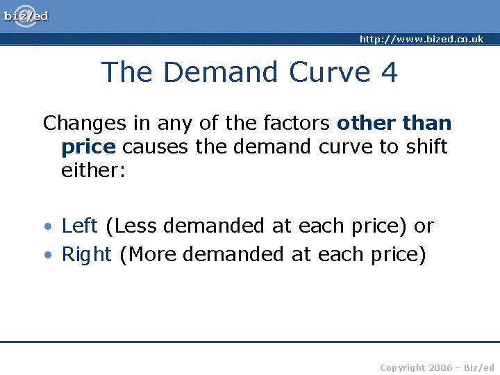 http: //www. bized. co. uk The Demand Curve 4 Changes in any of the