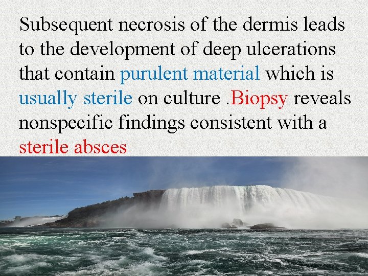 Subsequent necrosis of the dermis leads to the development of deep ulcerations that contain