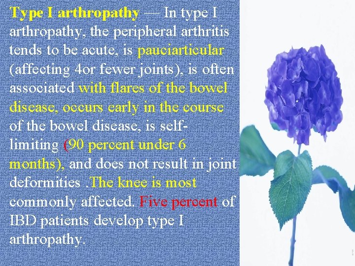 Type I arthropathy — In type I arthropathy, the peripheral arthritis tends to be