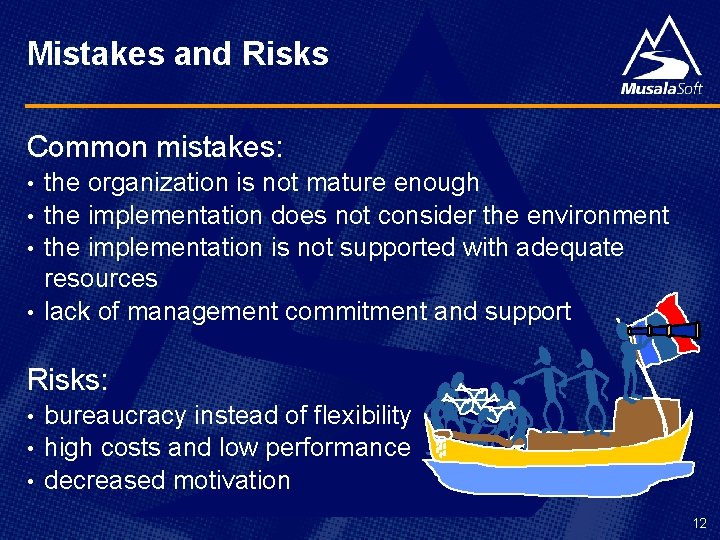 Mistakes and Risks Common mistakes: the organization is not mature enough • the implementation Mistakes and Risks Common mistakes: the organization is not mature enough • the implementation