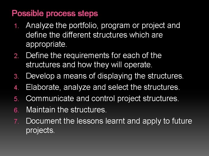 Possible process steps 1. 2. 3. 4. 5. 6. 7. Analyze the portfolio, program