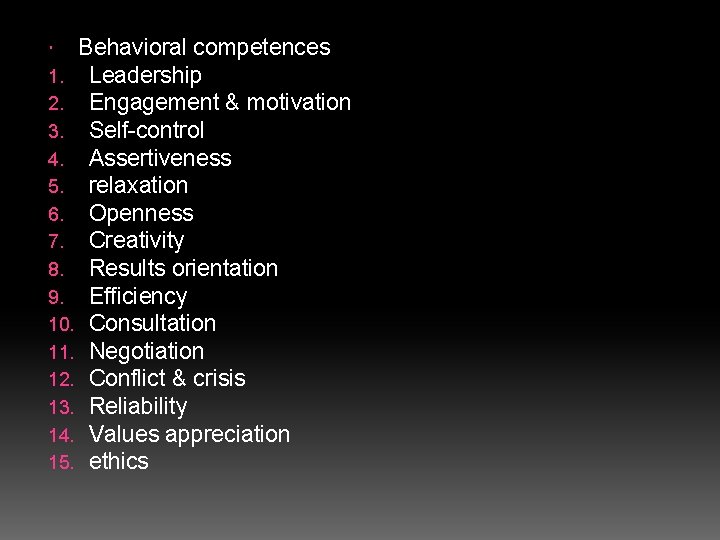 Behavioral competences 1. Leadership 2. Engagement & motivation 3. Self-control 4. Assertiveness 5.