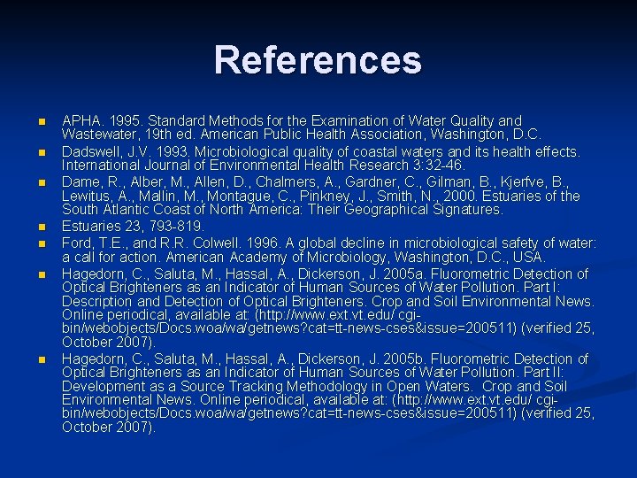 References n n n n APHA. 1995. Standard Methods for the Examination of Water