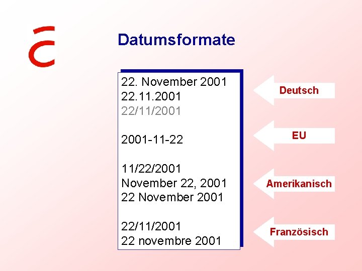 Datumsformate 22. November 2001 22. 11. 2001 22/11/2001 -11 -22 Deutsch EU 11/22/2001 November