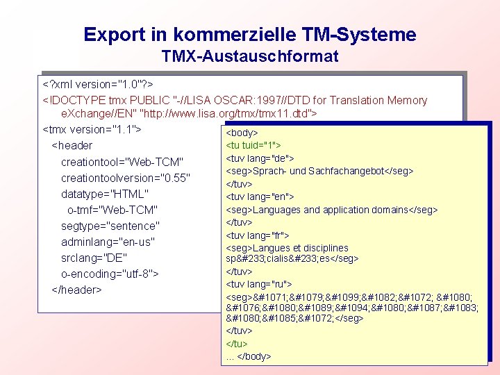 Export in kommerzielle TM-Systeme TMX-Austauschformat <? xml version="1. 0"? > <!DOCTYPE tmx PUBLIC "-//LISA